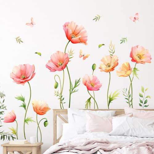 Supzone Wandtattoo Mohnblume Schmetterling Wandaufkleber Großes Blumen rosa Wandsticker Abziehen und Ankleben Wanddekor Frühlingsblume für Wohnzimmer Schlafzimmer Sofa TV Hintergrund Wanddeko
