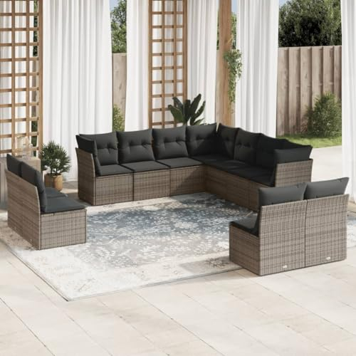 Gartenmöbel-Sets, 11-teiliges Gartensofa-Set mit Kissen, grau, Polyrattan