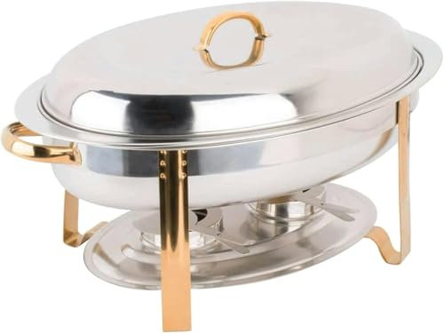 AFLEPCBRQ 6 Quart Oval Chafing Dish 201 Edelstahl Full Size Chafer Dish Buffetwärmer-Set Tablett mit Lebensmittelpfanne, Wasserpfanne, Rahmen, Deckel und Brennstoffhalter Buffetofen, Gold