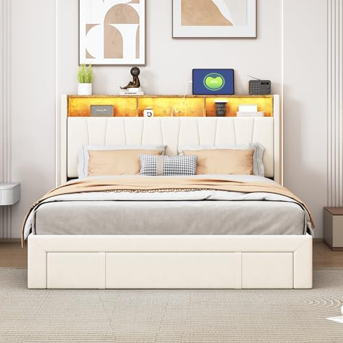 WOBOPCG Polsterbett Doppelbett 140x200,Stauraumbett mit Lattenrosten 4 Schubladen Bett mit Lattenrost mit Aufladen USB und Licht Stauraumbetten Bettgestell (Beige Samt, 140x200)