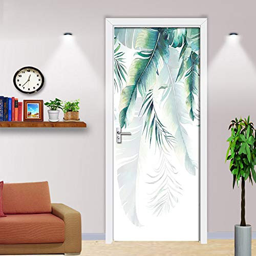 Papier Peint Porte 3D Sticker Feuille de bananier verte Porte Trompe l'oeil Adhésif Mural Poster de Porte Autocollant Amovible Déco Porte L83 x H204cm