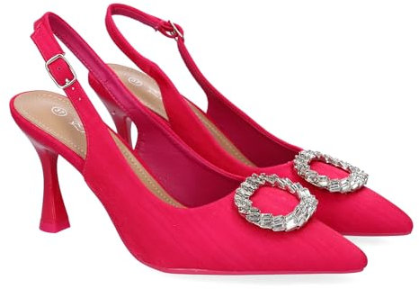 89676 Zapatos de Salon para Mujer, Elegante y Comodo, Diseno Moderno, Adorno Brillante en la Puntera y Cierre de Hebilla, Ocasiones Especiales. Fucsia Talla 41