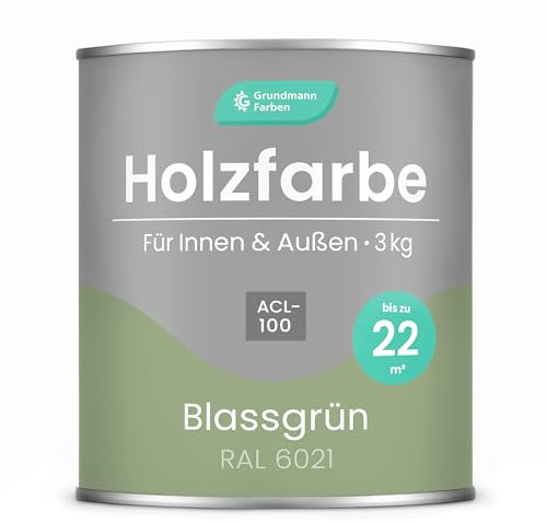Grundmann Holzfarbe ACL 100 - Holzlack 3 Kg Pastellgrün Mintgrün - 4in1 inkl. Grundierung - Seidenmatt - Wetterfest für Innen & Außen - RAL 6021 Blassgrün/Salbeigrün