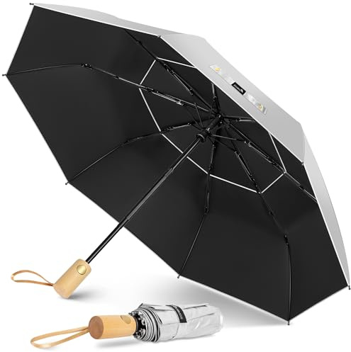 ZOMAKE Parasol Anti Uv,Paraguas Plegable AutomáTico De Sol con Ventilado Doble Cubierta,Paraguas Compacto Con Mango De Madera Para Hombre Mujer(Plateado Negro)
