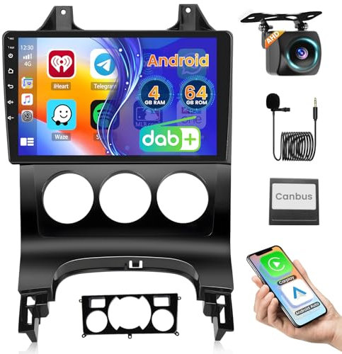 Roinvou Dab/Dab+ 4+64G Radio Coche para Peugeot 3008 2009-2016 Inalámbrico Carplay/Android Auto, 9 Pulgadas IPS Pantalla Táctil Estéreo WiFi GPS Bluetooth Mirror Link HiFi FM RDS SWC Cámara Trasera