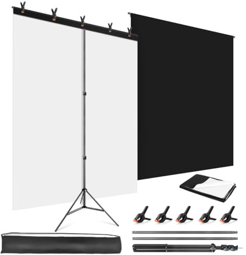 JEBUTU Black White Backdrop with Stand 1.5m x 2m (5ft x 6.5ft), 2-in-1 Reversible Black & White Photography Backdrop Kit for Photography, Portrait, Video, Studio, Shooting, Photoshoot