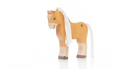 Lilu® Pferd Fohlen Kaltblut mit leuchtendem Herz, Bauernhof-Holztiere handbemalt, Holzspielzeug aus FSC®-Holz, EN71 und DEKRA Zertifiziert Spielfigur für Kinder - 10cm x 10,5cm x 2,4cm