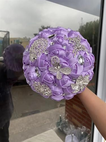 Ramo de flores de seda de lujo con diamantes de imitación, accesorios para novia, damas de honor, elegante ramo de cristal para novia, color lila, 21 cm de diámetro