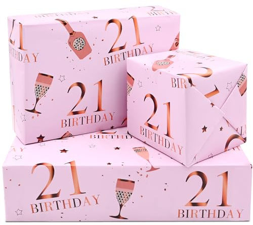 Geschenkpapierbögen zum 21. Geburtstag, 50 x 70 cm, Roségold und Rosa, Happy Birthday, Geschenkpapier für Mädchen, für Sie (5 Blatt)
