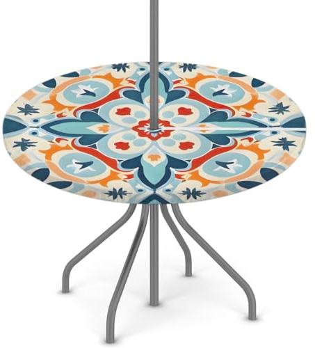 Round Garden Table Cloth With Parasol Hole, Damask Mandala Outdoor Circular Fitted Tablecloth with Umbrella Hole Waterproof Elastic Edged Table Cover for Party Picnic, Fit for 36-44 Round Tables