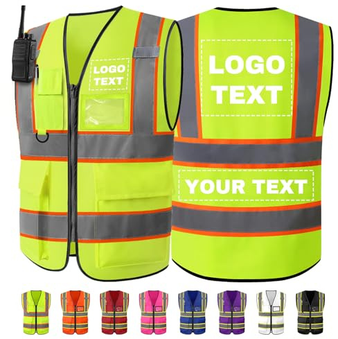 WolunLi Personalisierte Warnweste mit Logo Bedrucken, Sicherheitsweste mit Namen Text reflektierende Warnwesten mit Taschen, Warnweste Bedruckt für Unternehmen