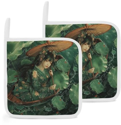 Confezione da 2 presine con foglie verdi e barca, resistenti al calore, spessi cuscinetti caldi con anello antiscivolo, set di presine quadrate per cucina, cucina, forno, barbecue, 20 x 20 cm