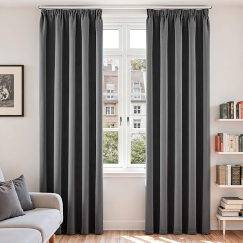 Vangao Rideau Occultant Galon Fronceur Salon Fenetre Chambre Balcon Rideaux Thermiques 140L x 220H cm Lot de 2 Opaque Moderne Interieur pour Rail Decoration Anti-Bruit et UV, Gris Foncé
