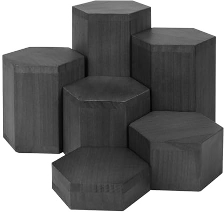 6Pcs Wooden Hexagon Display Risers with Storage Bag, 6 Different Heights | Solid Wood, Ready to Use, Display Stand for Craft Fairs Aftershave Perfume Retail Figures Model