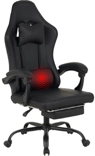 Sedia Gaming Ergonimica e Massaggiante con Poggiapiedi Telescopico - Gaming Chair con Supporto Lombare Vibrante e Cuscino Cervicale, Reclinabile 90-135°, Facile da Montare, Portata 150kg - Nero