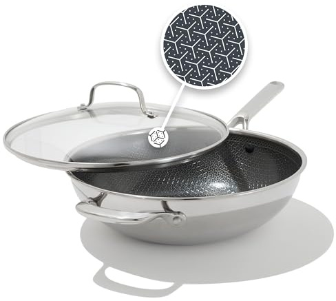 OXO Trident 12” Hybrid Nonstick Stainless Steel Wok with Lid, Tri-Ply Thermobond PFAS-Free Ceramic Skillet, Induction & All Cooktop Compatible, Oven Temp to 850°F, Dishwasher Safe, Silver