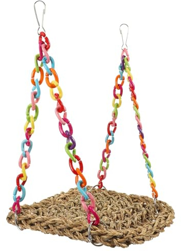 VALICLUD Papagei Holzschaukel mit Aufhängekette Kauspielzeug und Sitzstange Gewebte Vogelschaukel aus Natürlichem Gras 18x18cm für Käfige und Vogelzubehör