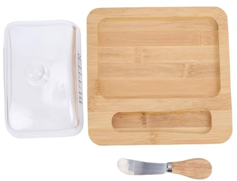 Oreilet Mantequera Madera, Recipiente para Mantequilla, Plato Grande para Pastel Queso Mantequilla con Tapa Vidrio Cuchillo, Bandeja para Servir Postre Almacenamiento en Encimera (Color madera)