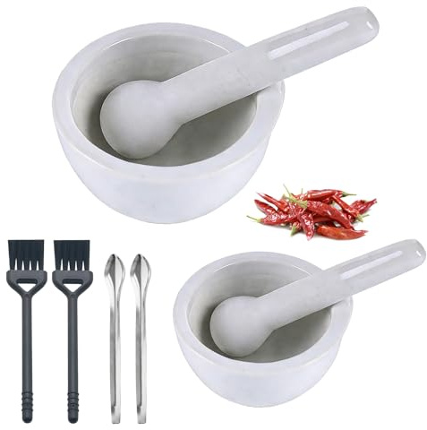 Mörser mit Stößel Set, 5,5cm und 8cm Mörser Klein, Enthält 2 Reinigungsbürsten und 2 Kleine Löffel, Kleiner Keramikmörser und Stößel, Geeignet zum Mahlen von Gewürzen und Kräutern