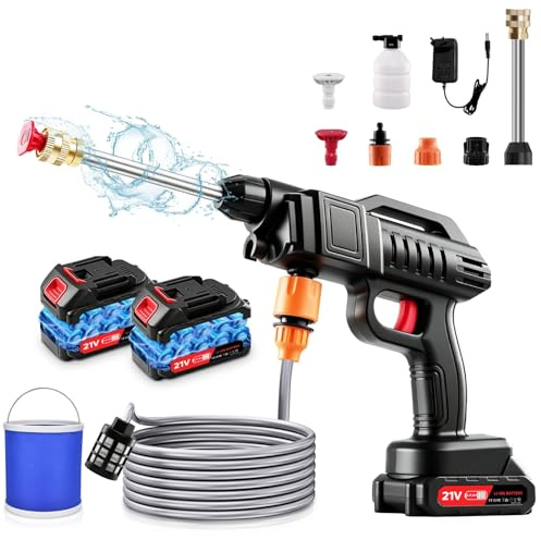 Dibaful 1500W Nettoyeur Haute Pression sans Fil avec 2 * 2Ah Batterie 21V Portable avec 2 Buses (0° 40°) 5m Tuyau Seau Connecteur Pot en Mousse Adapté pour Nettoyer Les Voitures