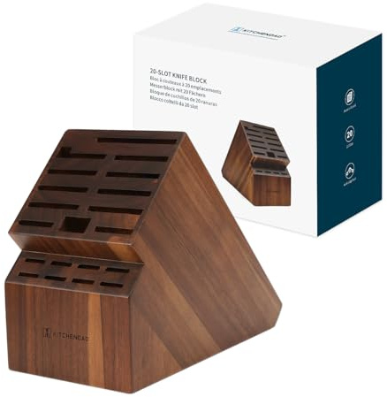 KITCHENDAO 20 Slot Acacia Wood Knife Block Without Knives, Universal Knife Holder for Kitchen, Holding Multiple Types of Knives, Countertop Butcher Block Knife Stand for Easy Kitchen Storage