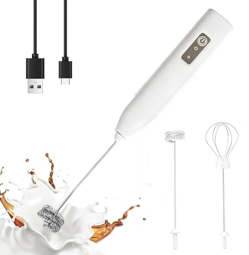Wendict Espumador de leche Electrico de Mano, Recargable Espumador Leche Electrico con Agitador de Acero Inoxidable, espumador y batidor de huevos, para Café, Matcha, Lattes, Capuchino (Blanco)