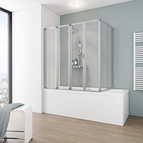 Schulte Duschwand für Badewanne 70–80 cm, faltbar, Alu-Natur | Badewannenaufsatz mit klarem Sicherheitsglas, einfachem Aufbau und langlebiger Ausführung für flexiblen Spritzschutz.