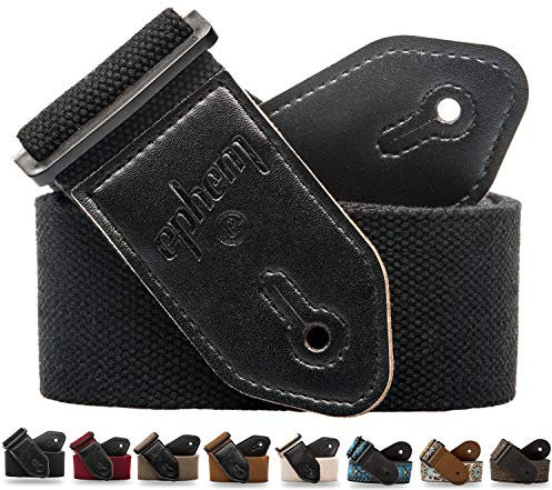 ephem® Gitarrengurt I Guitar Strap für E-Gitarre, Akustikgitarre, Westerngitarre, E Bass & Ukulele - Gitarrenband für Kinder & Erwachsene I Gurt Gitarre mit Mikrofaser Leder + E-BOOK (Schwarz)