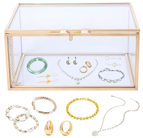 Boîte à Bijoux,Boîte de Rangement D'affichage de Bijoux en Verre Rétro,Boîte à Bijoux de Voyage,Cas de Stockage pour les Anneaux Boucles D'oreilles Collier Bracelets(Bord de Cuivre,10 * 7 * 6CM)