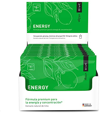 Vit2go ENERGY 30 sobres – Bebida energética natural con 124mg cafeína, guaraná y ginseng | Sin azúcar | Vitaminas B, magnesio y zinc | 100% Vegano