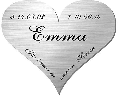 Edelstahl Grabschmuck, Grabschild, Gedenktafel für Hunde, Katzen und andere Tiere mit individueller Laser-Gravur, Größe ca. 120 mm x 100 mm in Herzform * Modell Emma