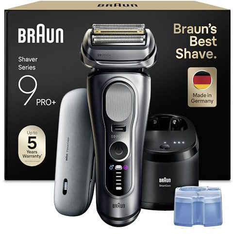 Braun Rasoir Electrique Homme Series 9+ PRO 9677CCE Argent, Etanche, Lames De Précision Ultra-Fines Et Tondeuse Pro Trimmer Pour Bien Raser La Barbe, Coffret Rasage Avec Station De Nettoyage Et Etui