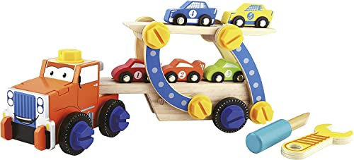 Leomark Holz Autotransporter mit 49 Zubehörteilen Abschleppwagen mit Anhänger & Spielautos für Kinder, Bausteine zum Schrauben inkl. Schraubendreher & Schraubenschlüssel, Laderampe beweglich