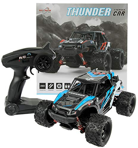 FunTomia RC Monster Truck - 4WD Thunder Car, 36 km/h Remote Controlled Vehicle - Replacement Parts Available, 1:18 Scale, 20-Minute Driving Time, Ages 14+ (Blue)