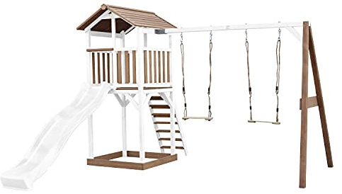 AXI Beach Tower Aire de Jeux avec Toboggan en Blanc, 2 Balançoires & Bac à Sable | Grande Maison Enfant extérieur en Marron & Blanc | Cabane de Jeu en Bois FSC