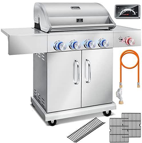KESSER® Barbecue a gas Master BBQ con termometro a infrarossi e grill da 800°C, illuminazione a LED, ceramica 4+1 fornelli in acciaio inossidabile Barbecue XXL con carrello