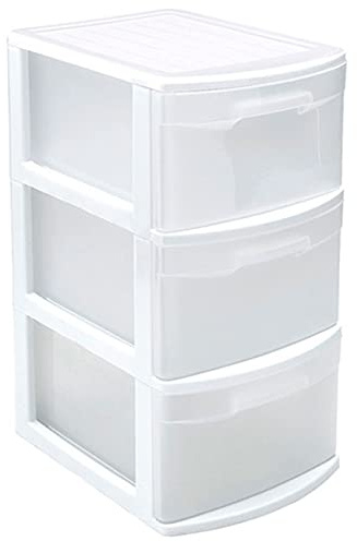 Tradineur - Cajonera támesis de plástico blanco, 3 cajones transparentes, 58,5 x 28,5 x 39 cm, torre de almacenaje y organización multiusos, oficina, hogar