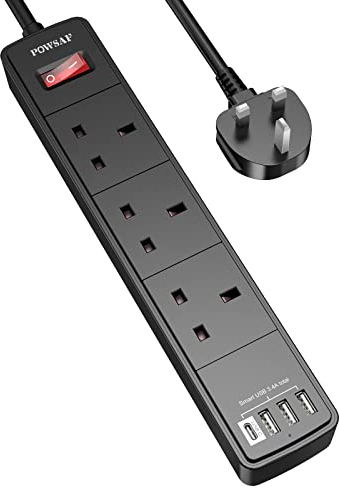 POWSAF Extension Lead with 4 USB Slots (3.4A, 1 Type C and 3 USB-A Ports),Power Strip Surge Protector with 3 way plug extension Socket and 2M Extension cube cable for Home Office Travel,Black