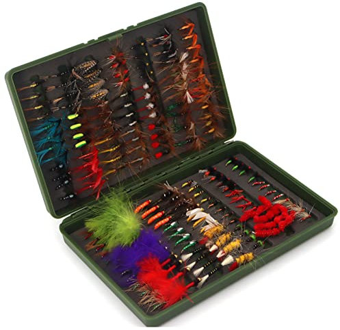 Fliegenfischen-Fliegen-Sortimentsset, trockene Nyphmen, Tenkara, Popper, Luftschlangen, Wollbugger für Forelle, Barsch, Lachs, Stahlkopffisch, mit Fliegenbox, Angelfliegenset, 168 Stück
