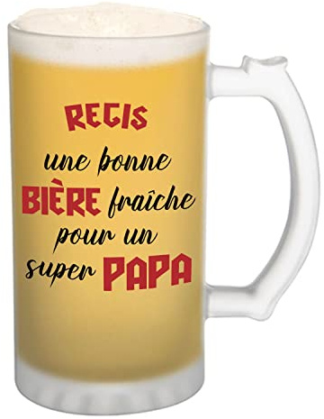 Planetee Chope de bière Régis Super Héros Super Papa - cadeau idée anniversaire Fête des Pères Humour - Verre givré 470 ml avec poignée Alcool Pinte