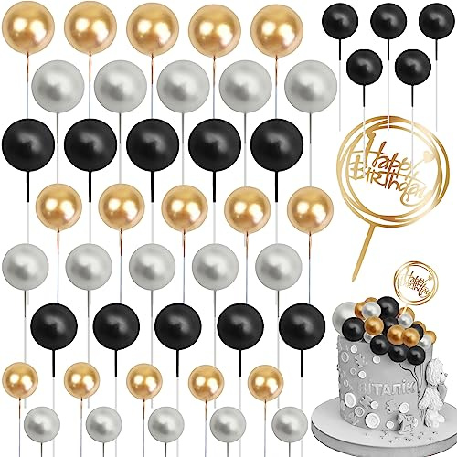 46 Stück Tortendeko Kugeln, Schwarz und Gold Kuchen Schaumkugeln Cupcake Topper, Happy Birthday Cake Topper DIY Tortendeko Hochzeit für Hochzeit Hochzeitstag Geburtstag Babyparty