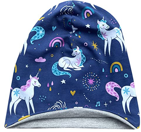 Ullkyckling ekologiskt pojkar/flickor/barn bekväm mjuk lång mössa/mössa/beanie-mössa/stickad mössa/barnmössa, jerseyfodrad övergångsperioder (ekologiskt tyger/bio) .., Enhörningar mörkblå, 52-54