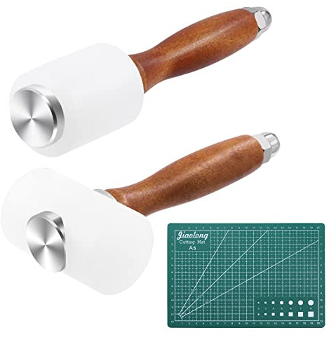 Swpeet 3Pcs Leather Carving Hammer Set, T-Head and Vertical Leathercraft Mallet With A5 Craft Cutting Board, Nylon Wood Leathercraft Wooden Mallet for DIY Stamping Sew Leather