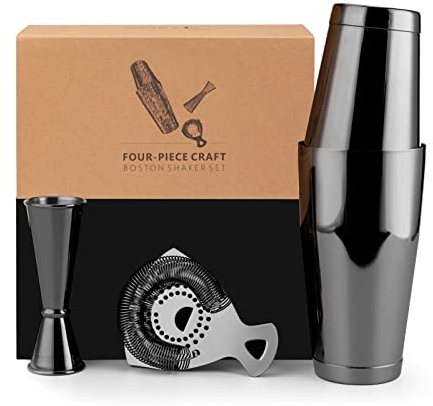 Jettory Boston Shaker Set di 4 shaker da cocktail con shaker Boston da 18/28 oz in acciaio inox, filtro da bar e misurino, in una elegante confezione regalo, ideale per l'uso bar di casa (nero).