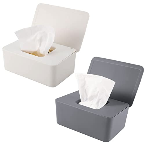 2-in-1 Reusable Wipes Holder/Dispenser with Lid - Dustproof, Keeps Wipes Fresh for Travel, Car, Home and Office (Gray & White)