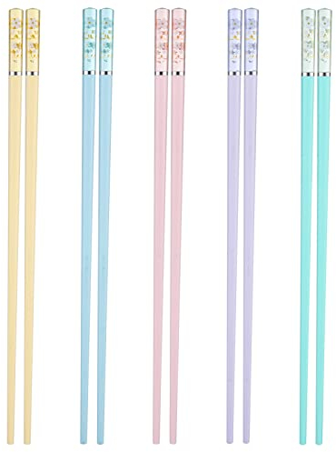 Bestomrogh 5 Paar Chinesische Stäbchen,Kirschblüte Mustern Rutschfeste Essstäbche 5 Farben Wiederverwendbar Essstäbchen Sushi Chopsticks für Zuhause Restaurant,24cm