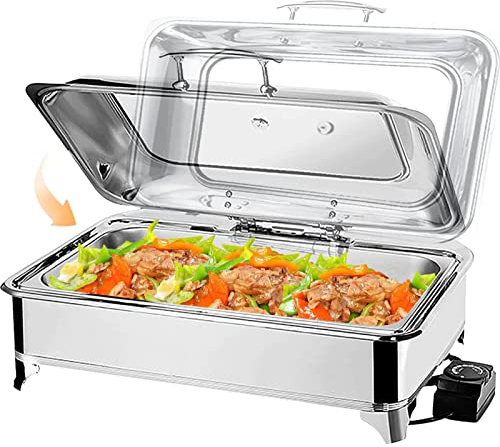 PROPFE Food Buffet Warmer 9L Table Top Chafing Dish Buffet Server Plate Warming with Pans with Lids Temp Control Removable Hotplate Food Warmer,Silver,double grid