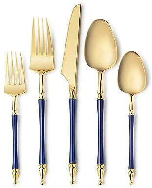 Decorline - 40 Couverts en Plastique Réutilisables Fourchettes Cuillères Couteaux - Ensemble de Couverts Chic pour 8 Invités pour Dîner Salade Soupe Thé - Poignée Robuste - Bleu avec Dessus Doré