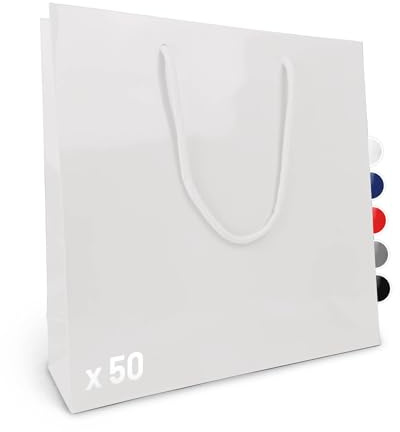 Verpackungswelt Geschenk-Tüten 50 Stück | Glänzende Papier-Tüten mit Henkel | Geschenk-Tüte 30x10x30 cm | Papier-Tüte ideal für Geburtstag, Weihnachten, Einzug & Mitbringsel | Weiß