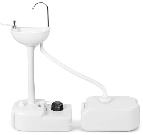 SPOTRAVEL Portable Camping Sink, 17L Capacity Hand Wash Station with Wheels, Towel Holder & Soap Dispenser, Foot Pump Wash Basin Stand for Outdoor Events Gatherings Worksite (with 24L Sewage Tank)